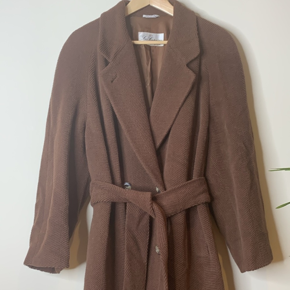 Les Copains | Brown Vintage Made in Italy Wool Textured Herringbone Coat L/XL - Picture 4 of 17